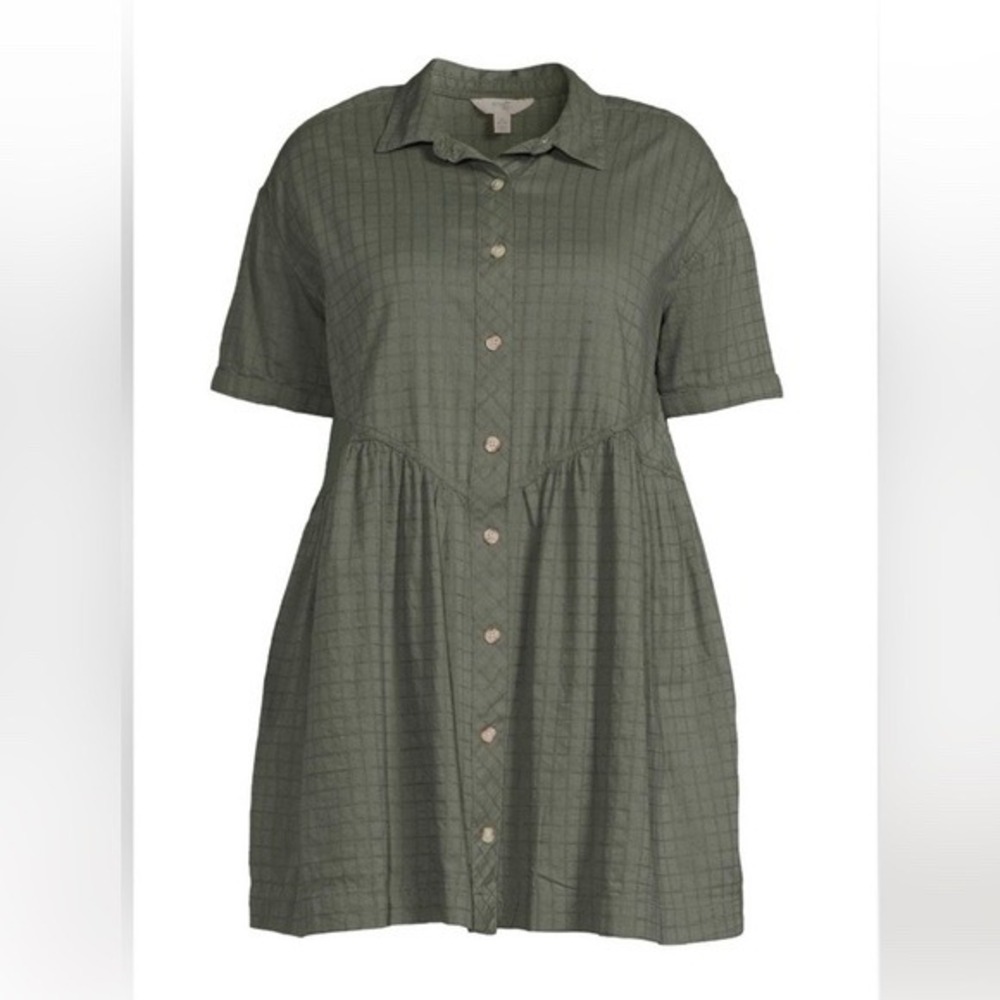 Terra & Sky Olive Green Grid Babydoll Dress Button Down Plus Size 3X 24W-26W